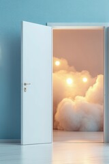 Open door revealing a serene abstract world with clouds and glowing light