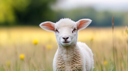 Obraz premium Adorable fluffy lamb smiling in sunny pasture with yellow flowers softly swaying in breeze : Generative AI