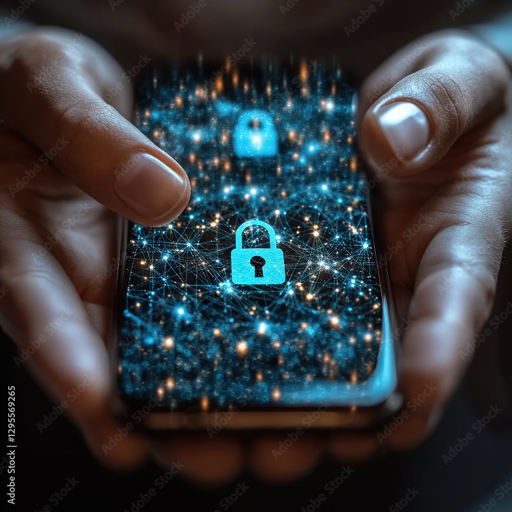 Poster hands holding phone with security lock graphic, network connection in background. possible use digit