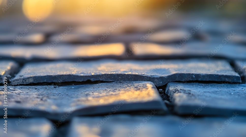 Aufkleber closeup view of textured cobblestone road shining in the warm evening light : generative ai