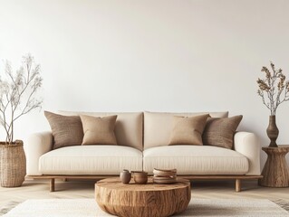 3D Render of a Beige Fabric Sofa in a Minimalist Living Room
