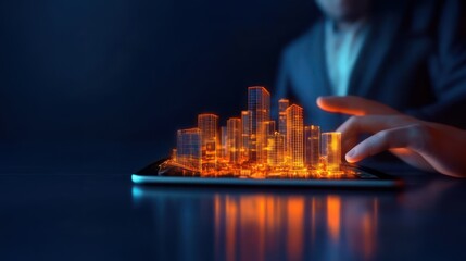 Person using a tablet with holographic digital buildings on screen, demonstrating BIM modeling, Advanced building information and architecture visualization in construction planning