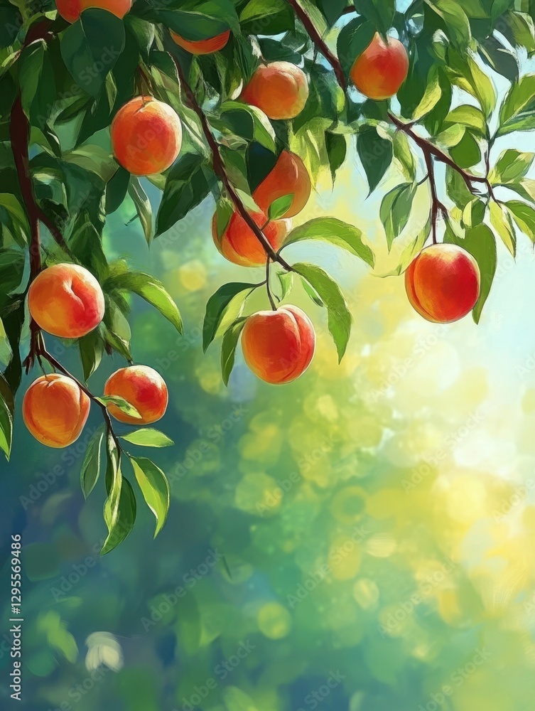 Aufkleber captivating peach tree branch with ripe fruits against soft bokeh background in artistic painterly s