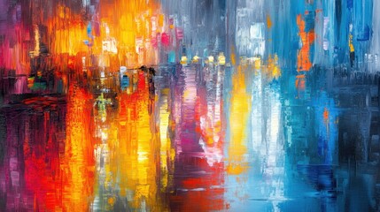 Abstract city painting with vibrant colors and light reflections