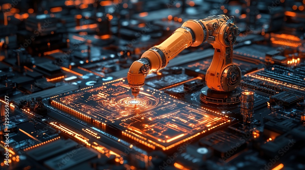 Poster robotic arm assembling circuit board in high-tech factory