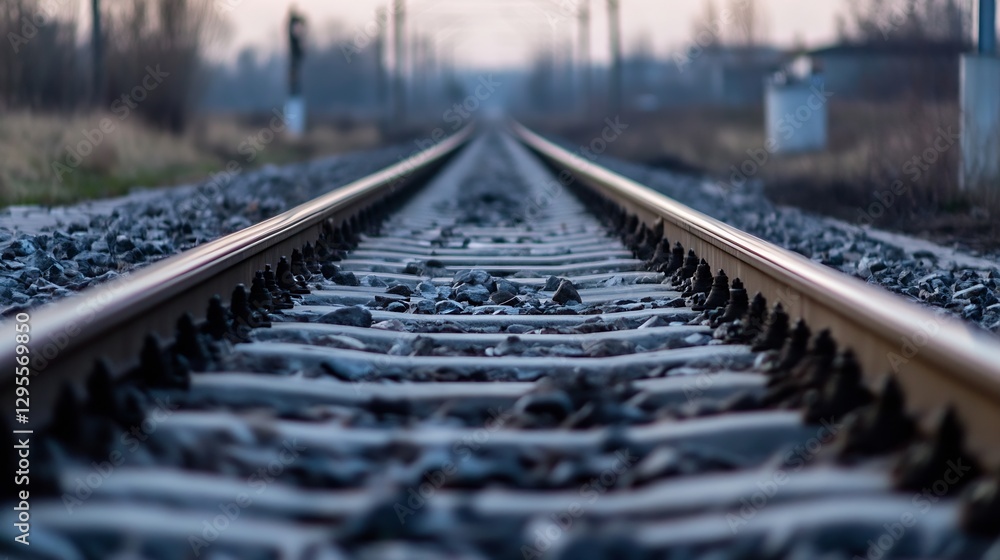 Poster perspective view of railway tracks stretching into the distance surrounded by nature : generative ai