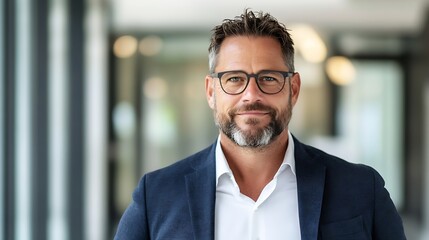 Fototapeta premium Confident businessman with glasses smiling in a modern office environment : Generative AI