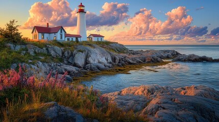 Fototapeta premium Seascape at Sunset Lighthouse on Rocky Coast