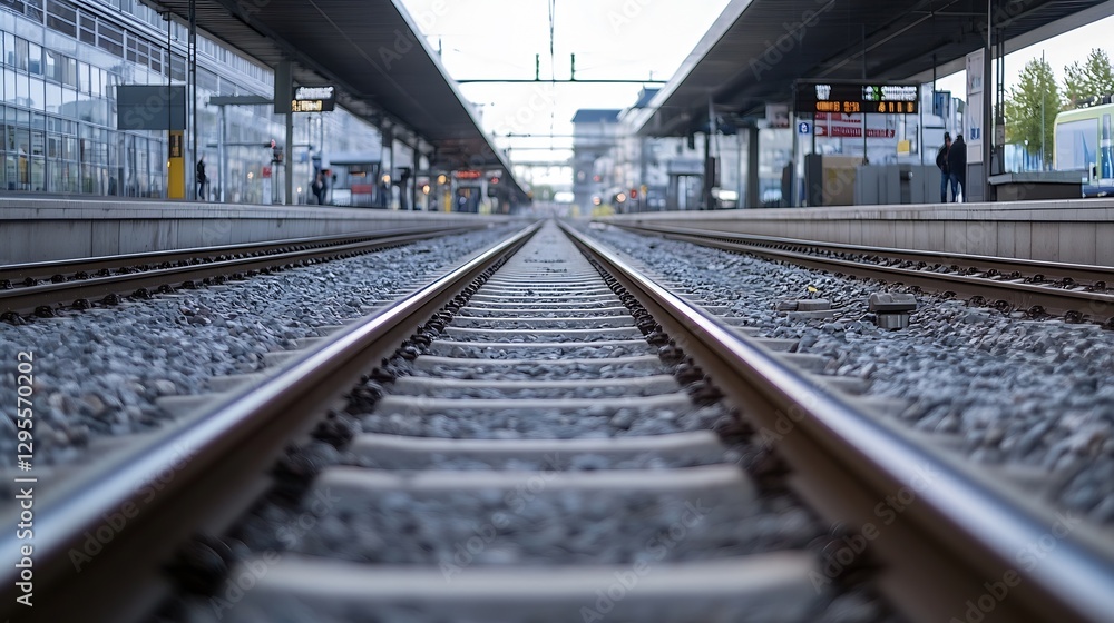 Aufkleber close up perspective of railway tracks leading towards a busy train station in an urban setting : ge