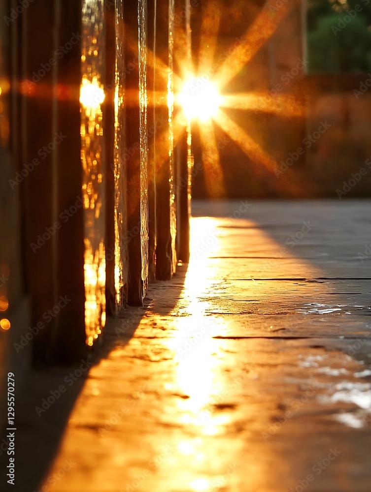 Poster golden sunlight shining through a window casting dramatic warm shadows on a stone floor : generative