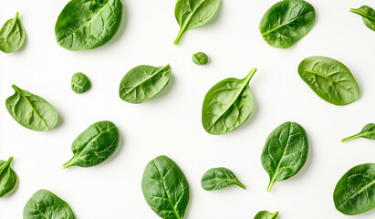 Fototapeta premium Vibrant Green Spinach Leaves Arranged on White Background Appealing Fresh and Healthy Food Pattern
