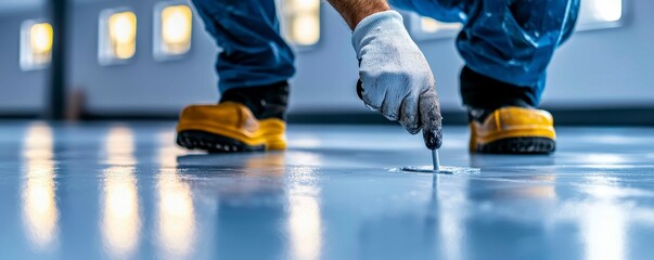 Obraz premium Precision Repair Industrial Floor Worker Meticulous Installation Fine Detail Smooth Finish Application