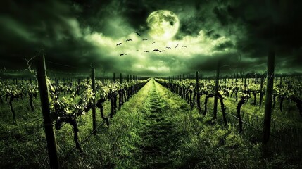 Vineyard Path Under a Full Moon and Ominous Clouds