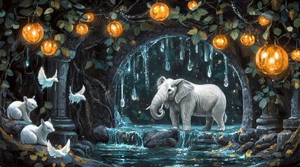 White Elephant in a Magical Forest at Night