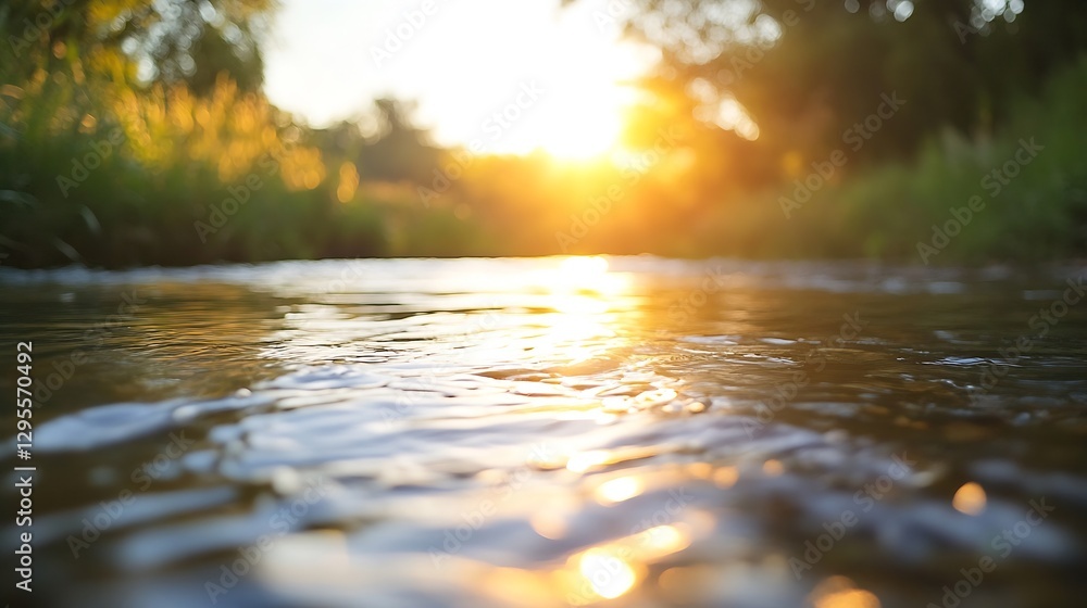 Aufkleber tranquil creek scene with sparkling water reflecting the warm glow of the setting sun : generative a