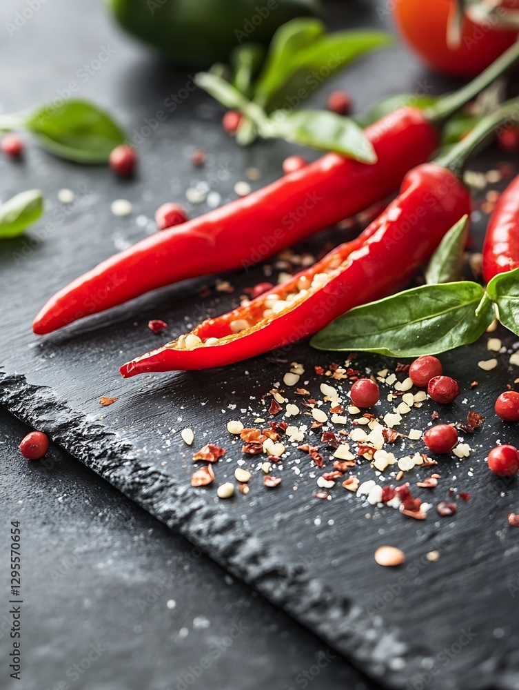 Aufkleber fresh red chili peppers with spices and herbs on a sleek black slate background : generative ai