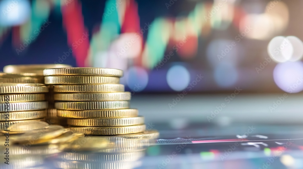 Aufkleber piles of coins for investment with financial charts in the background showing growth and wealth : ge