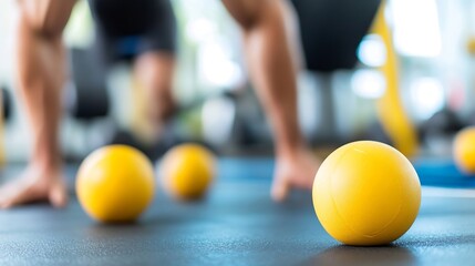 Close up of bright yellow fitness balls on gym floor during intense workout session : Generative AI