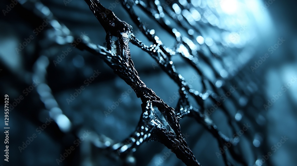 Poster close up of a textured dark black metal fence with blueish light background : generative ai