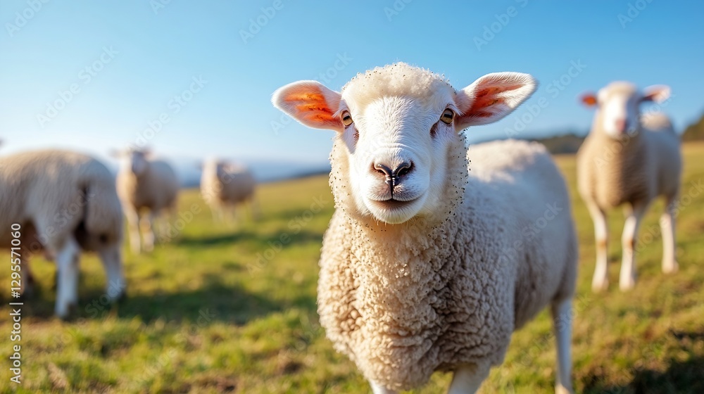 Poster Friendly sheep posing in an open field with a bright blue sky above : Generative AI