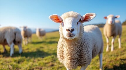 Obraz premium Friendly sheep posing in an open field with a bright blue sky above : Generative AI