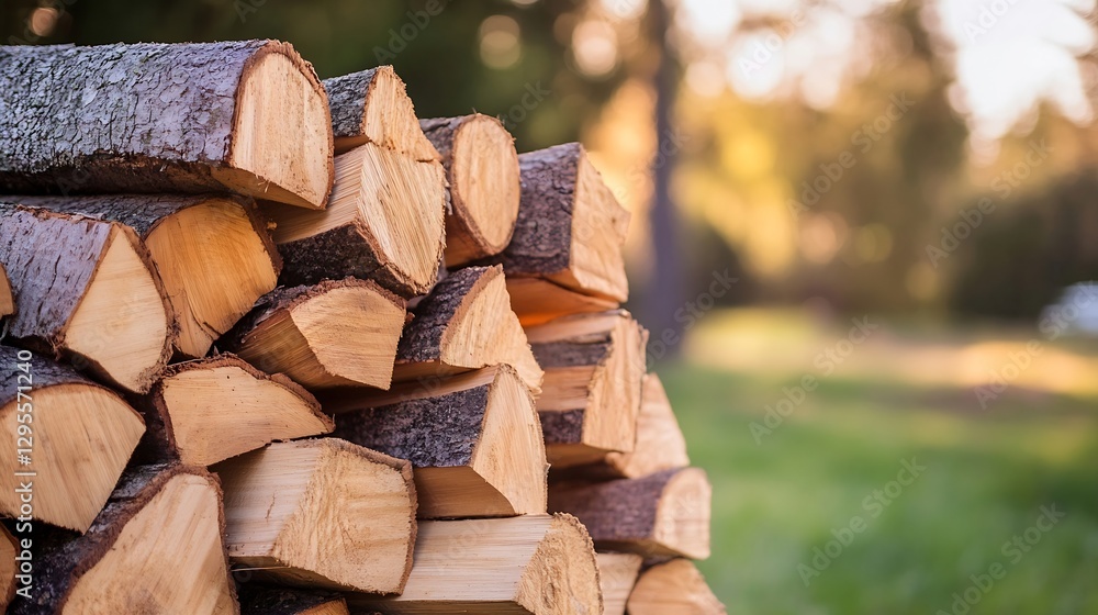 Aufkleber stack of freshly cut logs piled together in a peaceful green environment : generative ai