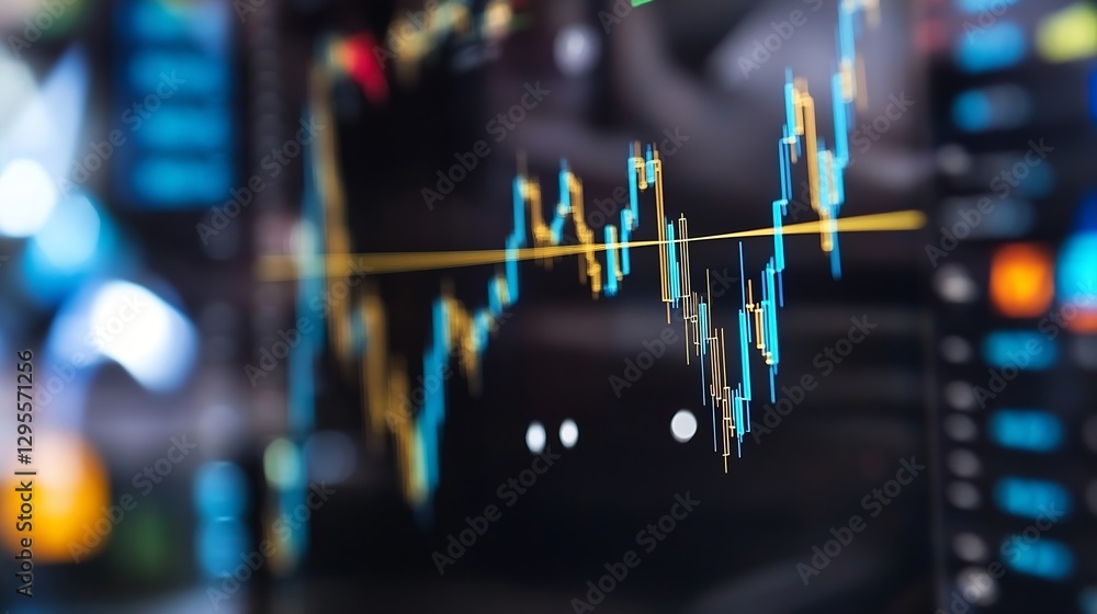 Fototapete Dynamic stock market graph showing fluctuating prices and trends on a digital display screen in a dark room : Generative AI