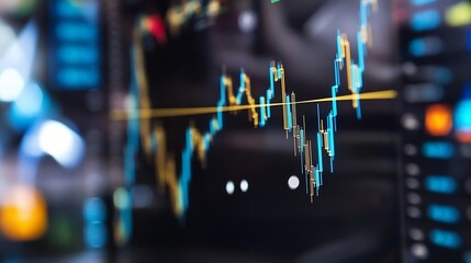 Dynamic stock market graph showing fluctuating prices and trends on a digital display screen in a dark room : Generative AI