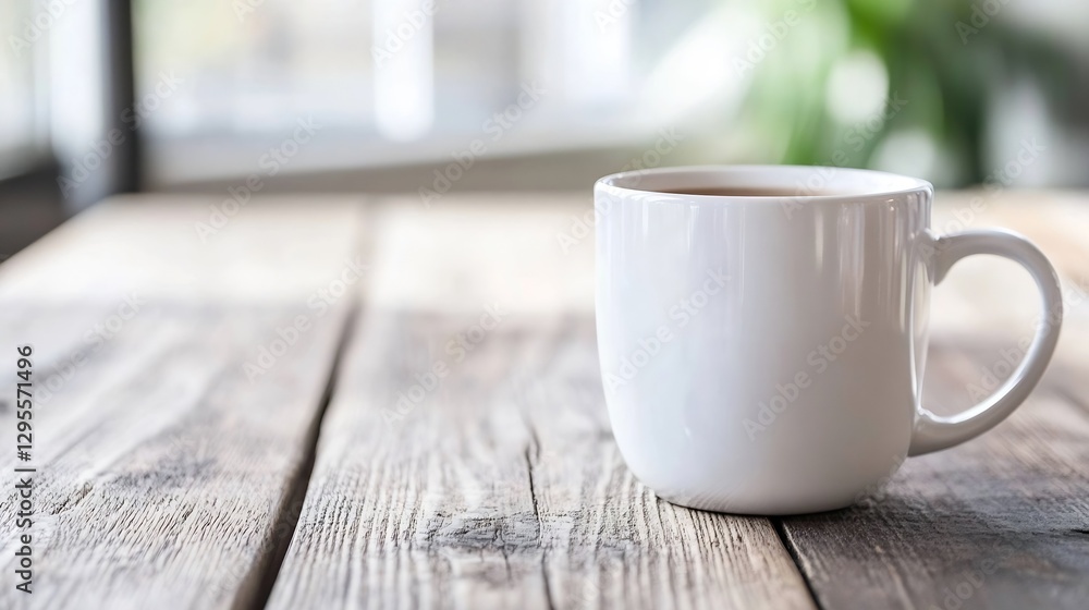 Poster elegant white coffee mug on a rustic wooden table with a natural light setting : generative ai