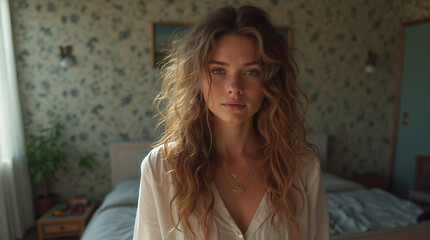 Fototapeta premium A beautiful young brunette model with a sad smile looks out the window, her eyes reflecting youth and grace