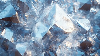 Close-up of lustrous,faceted,blue crystals.  Glistening, sharp edges and reflective surfaces. Light illuminates facets.