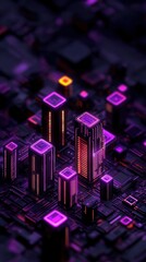 Fototapeta premium Cityscape made of circuit boards with neon lights, symbolizing BIM modeling, Futuristic building information and digital architecture visualization