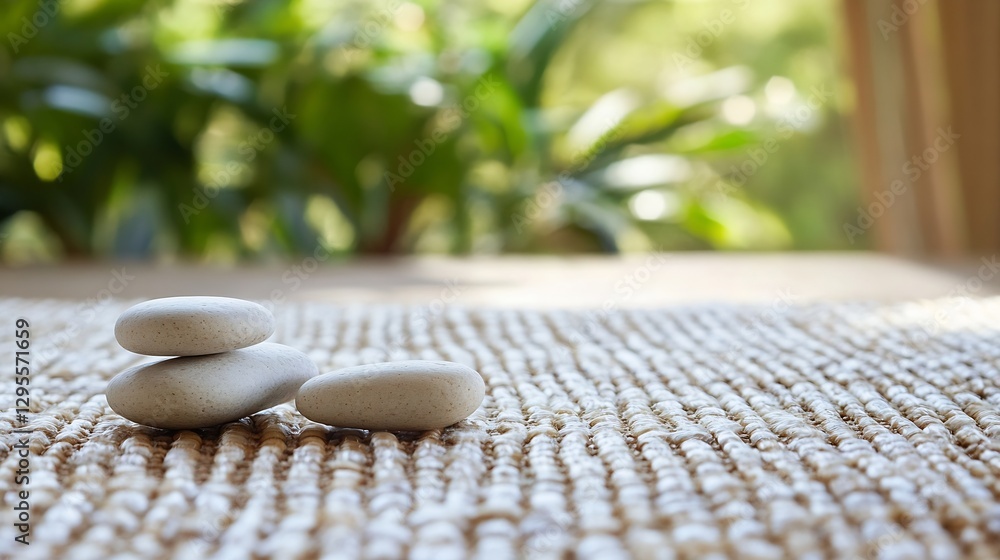 Poster Zen Garden with Stacked Smooth Stones on a Natural Mat Creating Calmness : Generative AI