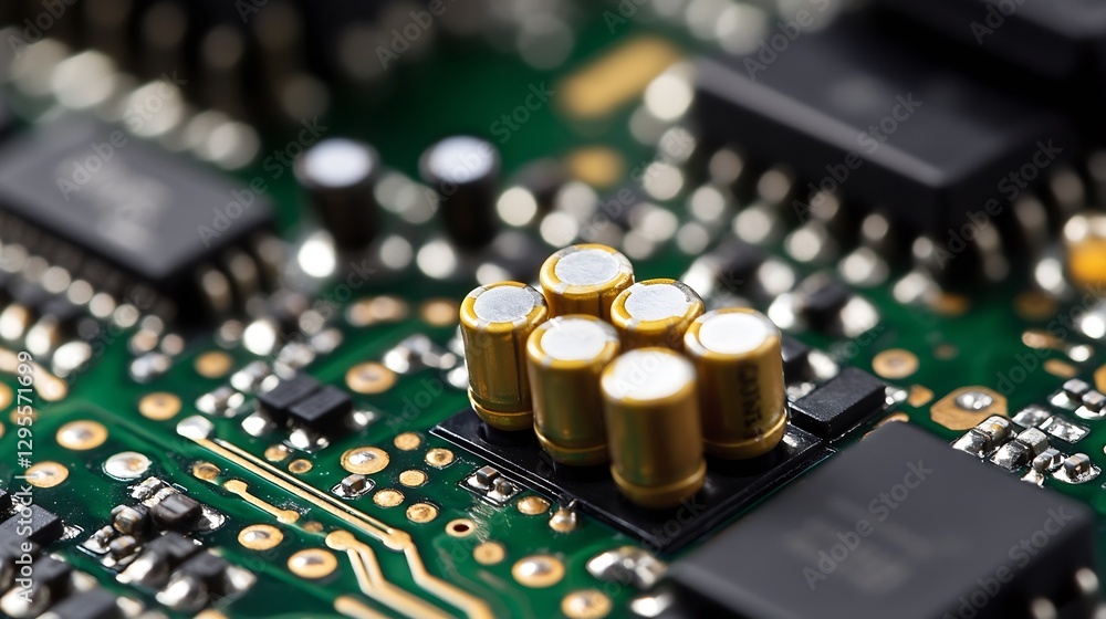 Poster Closeup of a Complex Circuit Board with Electronic Components and Capacitors Displaying Technology : Generative AI