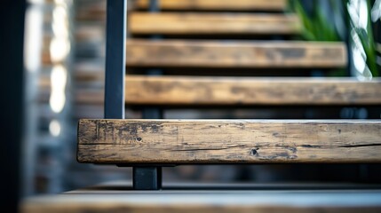 Fototapeta premium Closeup of a rustic wooden staircase showcasing natural textures and craftsmanship : Generative AI