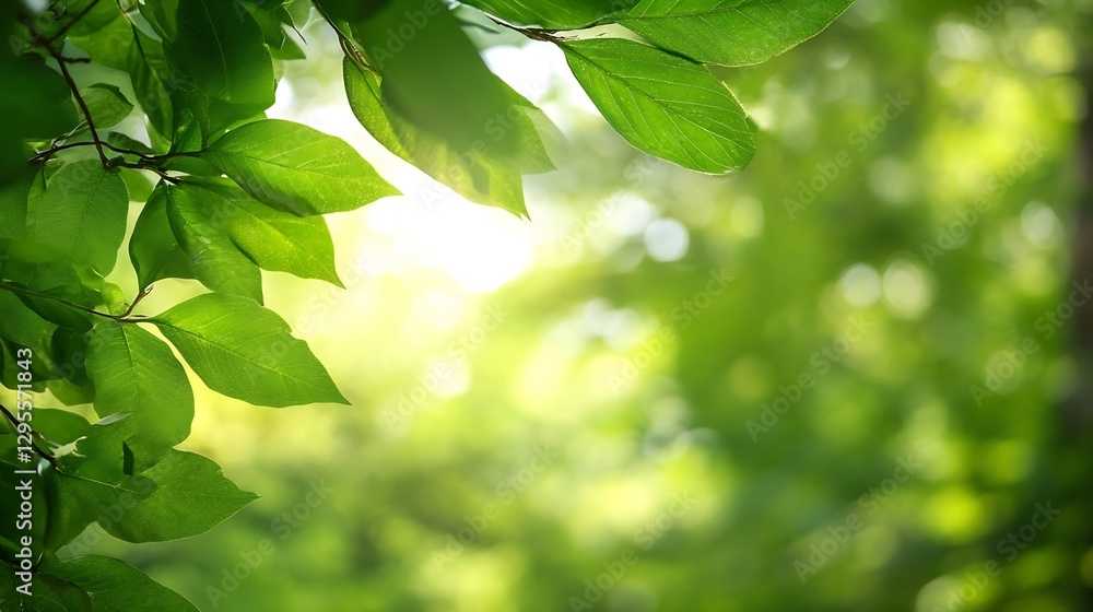 Poster sunlit green leaves surrounded by soft focus natural background : generative ai