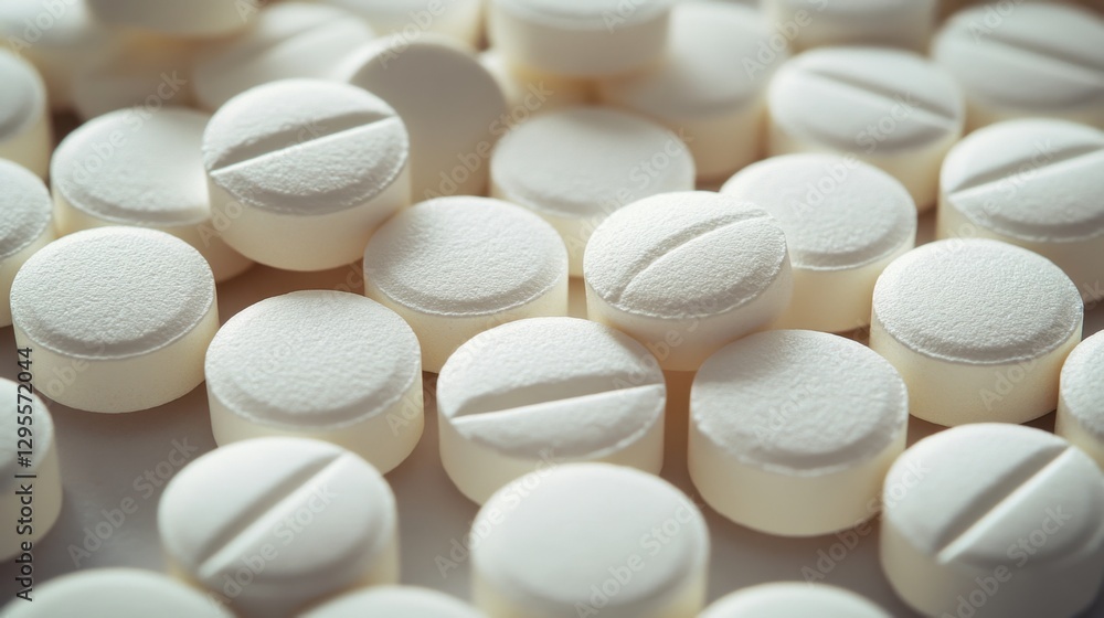 Poster close up of white round pills arranged in a pattern on a light background for medical use