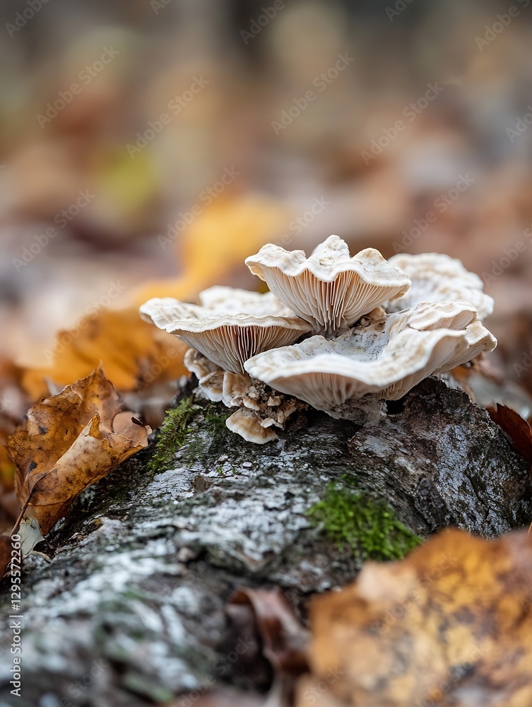 Poster enchanting close up of beautiful mushrooms growing on a log surrounded by autumn leaves in a forest 