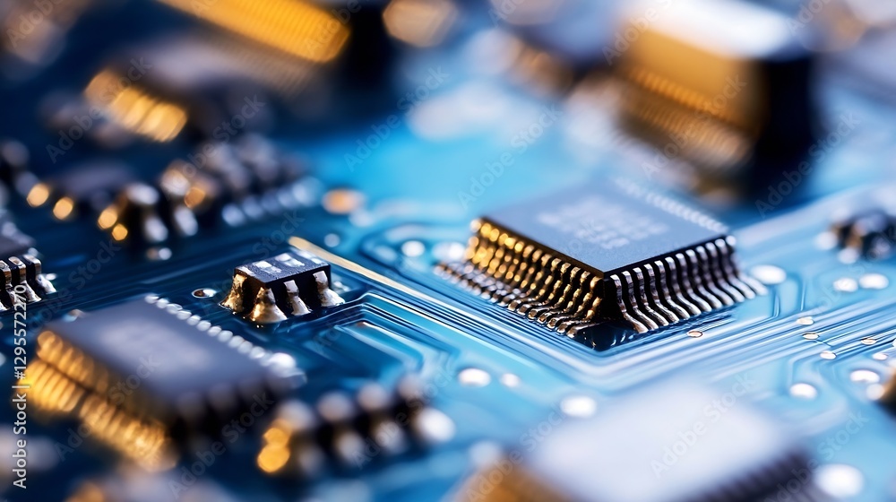 Poster close-up of detailed electronic circuit board with microchips and blue led lights : generative ai