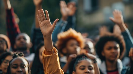 Group of happy diverse people raising their hands outdoors. Multicultural people wearing casual cloth and raised hands or putting hand up. Answering, asking, volunteering, voting, questioning. AIG53.