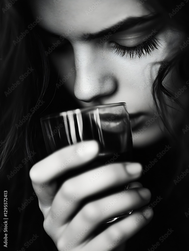 Poster close up portrait of a woman holding a glass with deep focus on her serene expression and delicate f