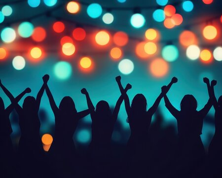 Silhouettes celebrating with raised arms set against a backdrop of colorful bokeh lights, conveying joy and excitement.