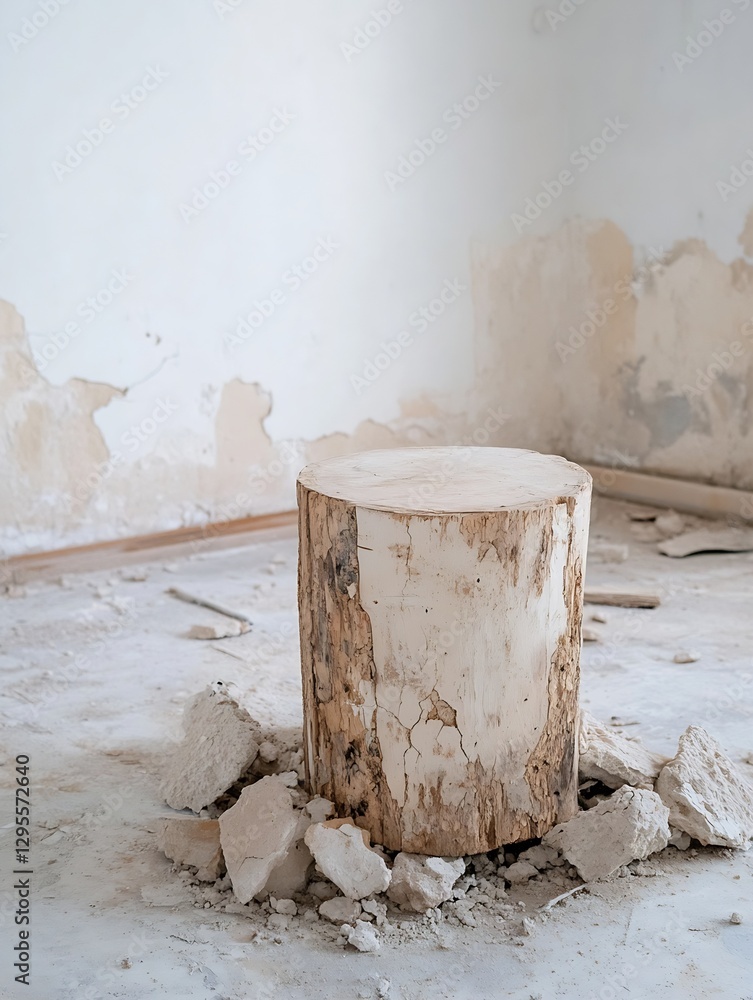 Poster Wooden Log Sitting on a Concrete Floor Surrounded by Debris in an Empty Room : Generative AI