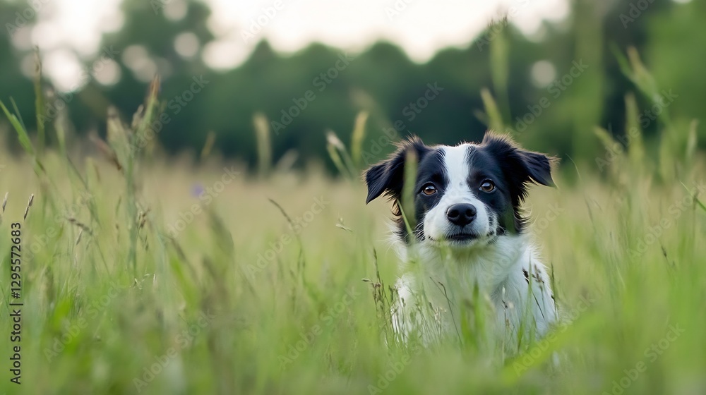 Poster playful black and white dog sitting in a field of tall grass surrounded by a blurred green backgroun