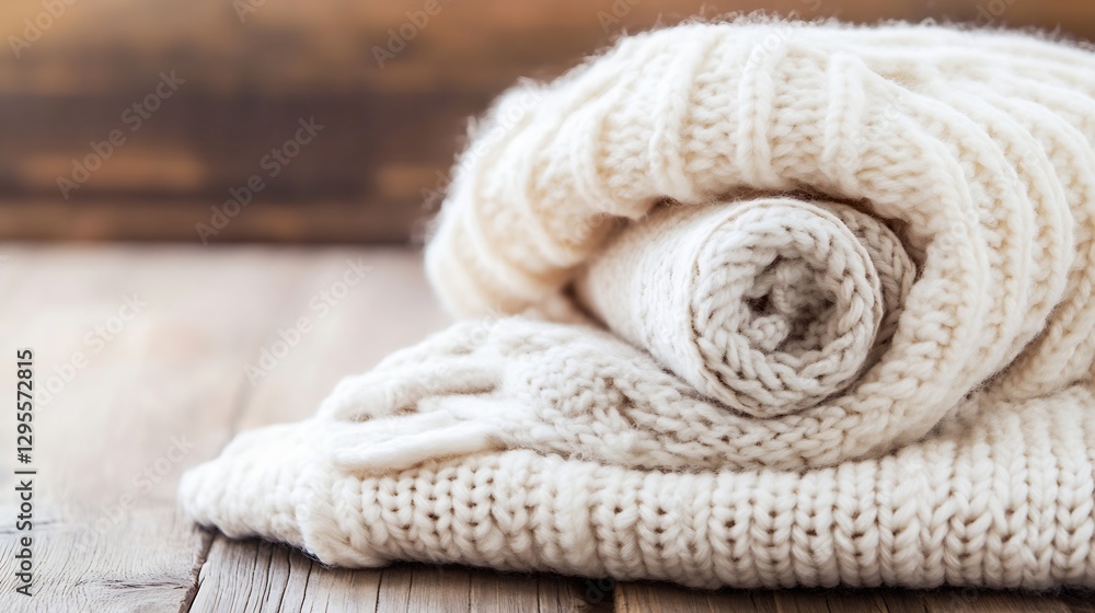 Aufkleber rolled wool knit sweater on rustic wooden surface with cozy and fuzzy texture : generative ai