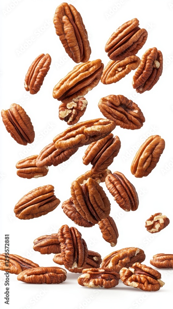 Aufkleber pecan nuts falling in dynamic arrangement against a bright white background creating a sense of fres