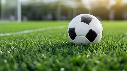 Fototapeta premium Close up of a classic black and white soccer ball on grassy field under sunlight : Generative AI