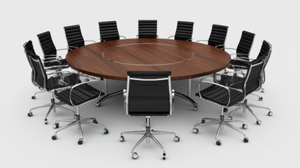 Modern Conference Room with Round Wooden Table and Black Chairs