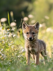 Adorable Young Wolf Puppy Playfully Standing Amongst Colorful Wildflowers in a Lush Green Field : Generative AI