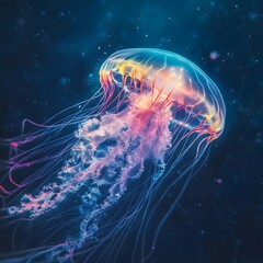 Obraz premium A translucent jellyfish with glowing rainbow tendrils floating in deep ocean, photorealistic